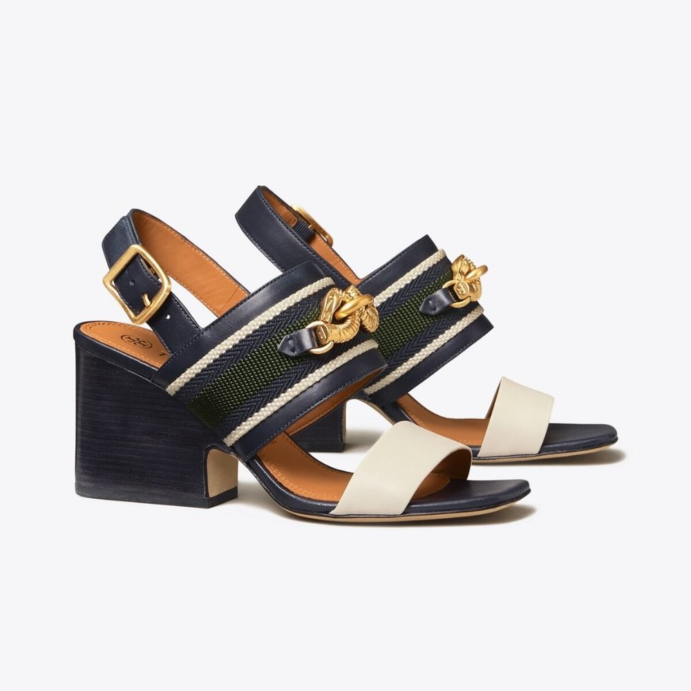 Tory Burch Navy, Cream and Green Block Heel Sandals